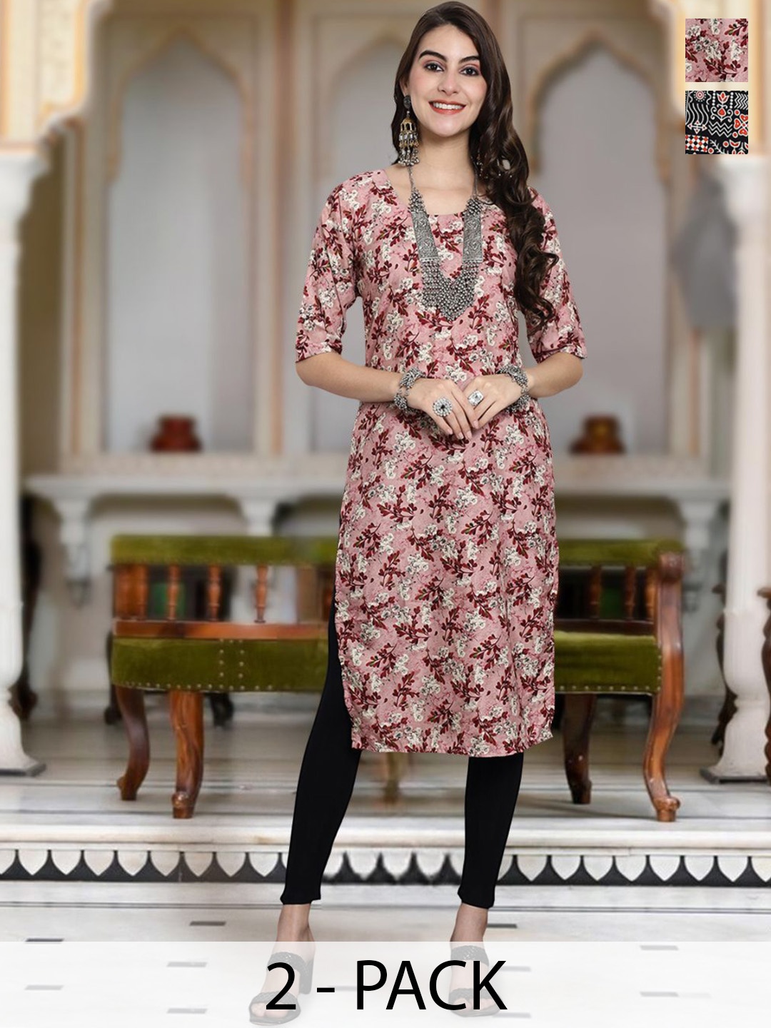 

Moda Rapido Selection Of 2 Floral Printed Round Neck Straight Kurta, Pink