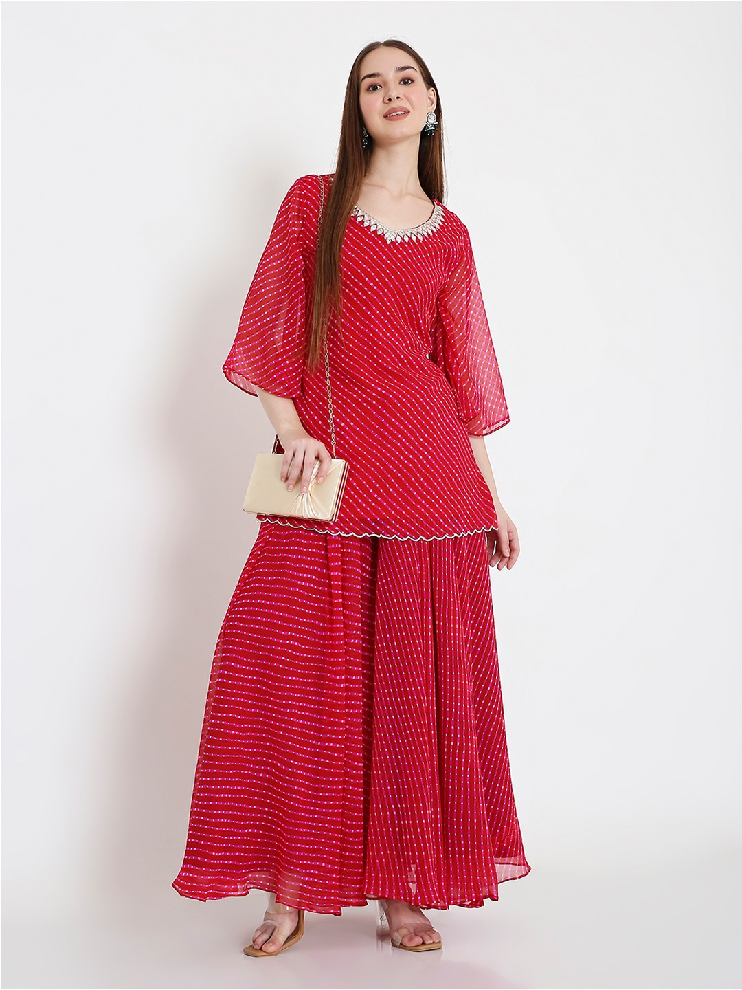 

Shreetatvam Women Leheriya Embroidered Regular Top with Palazzos, Red