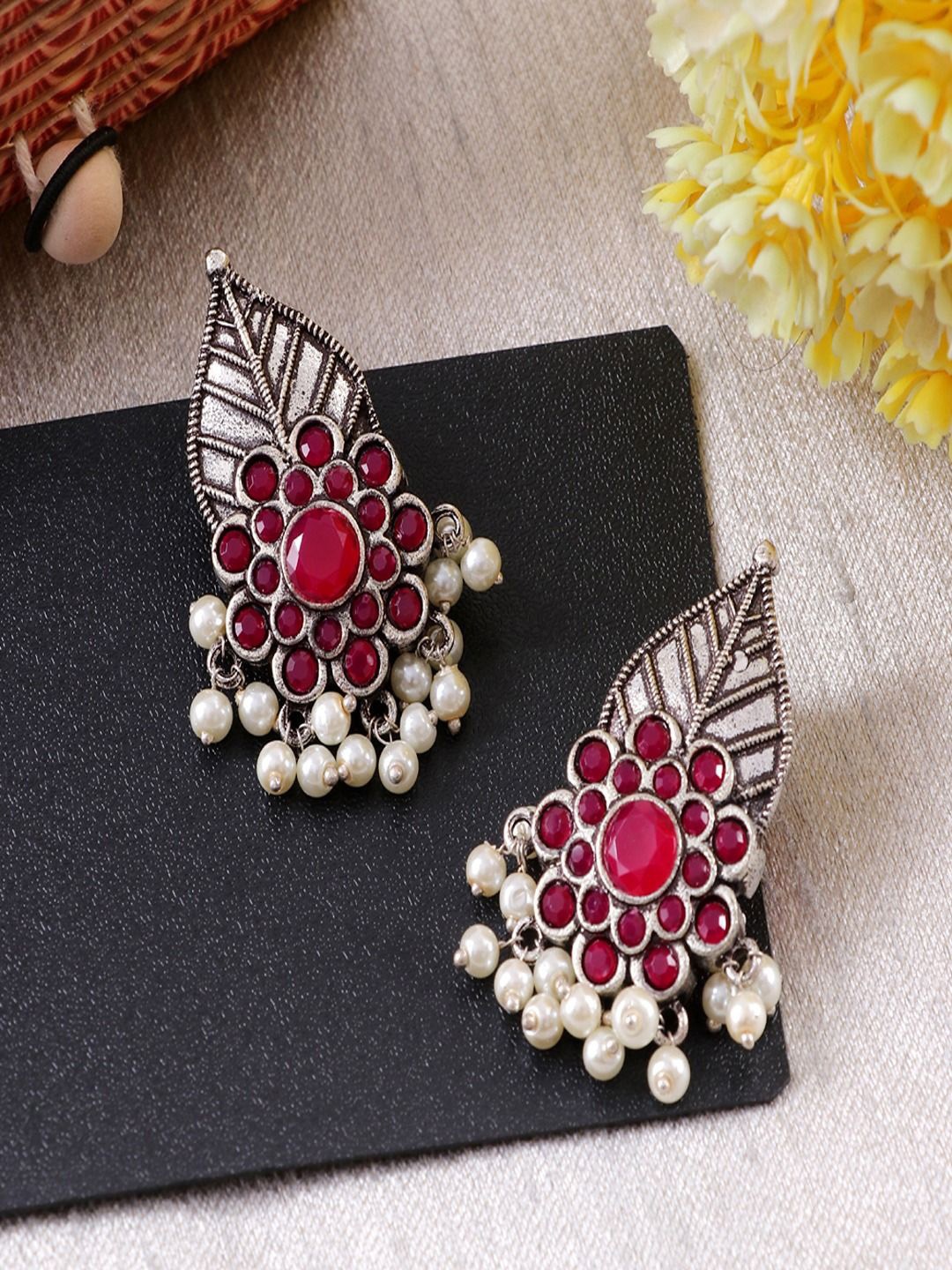 

Sangria Sliver-Plated Crystals Studded & Pearls Beaded Leaf Shaped Oxidised Drop Earrings, Red