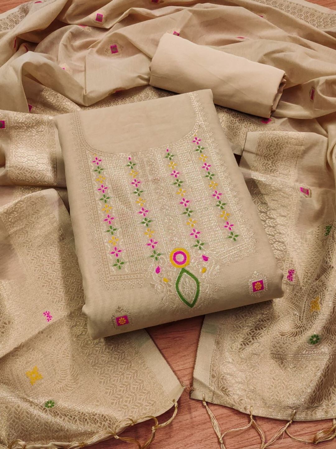 

Rangtulika Floral Woven Design Unstitched Dress Material, Cream
