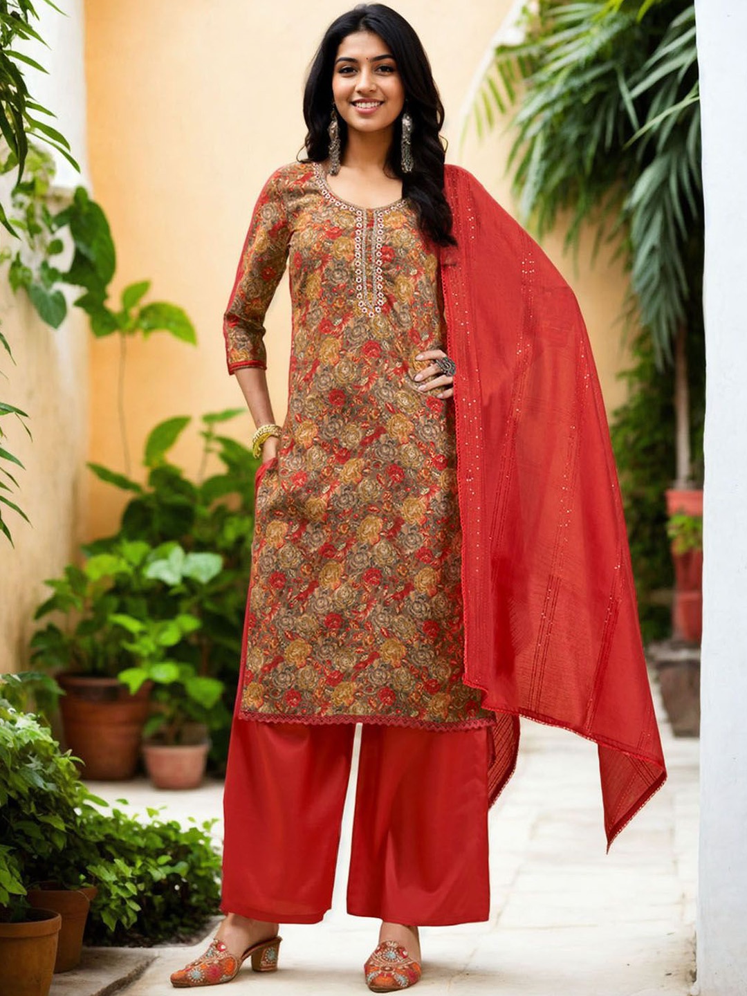 

Anouk Women Floral Printed Regular Beads and Stones Kurta with Palazzos & With Dupatta, Red