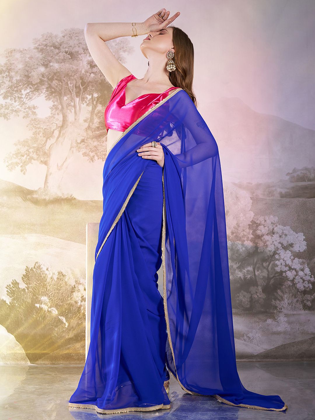 

Mitera Sequinned Pure Georgette Ready to Wear Saree, Blue