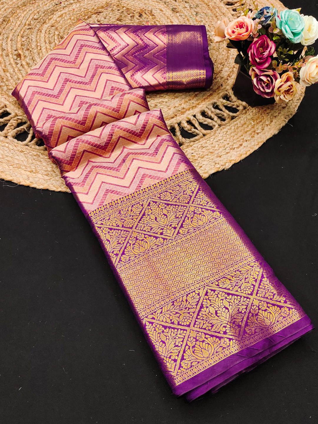 

SILKWEAR Woven Design Zari Pure Silk Kanjeevaram Saree, Purple
