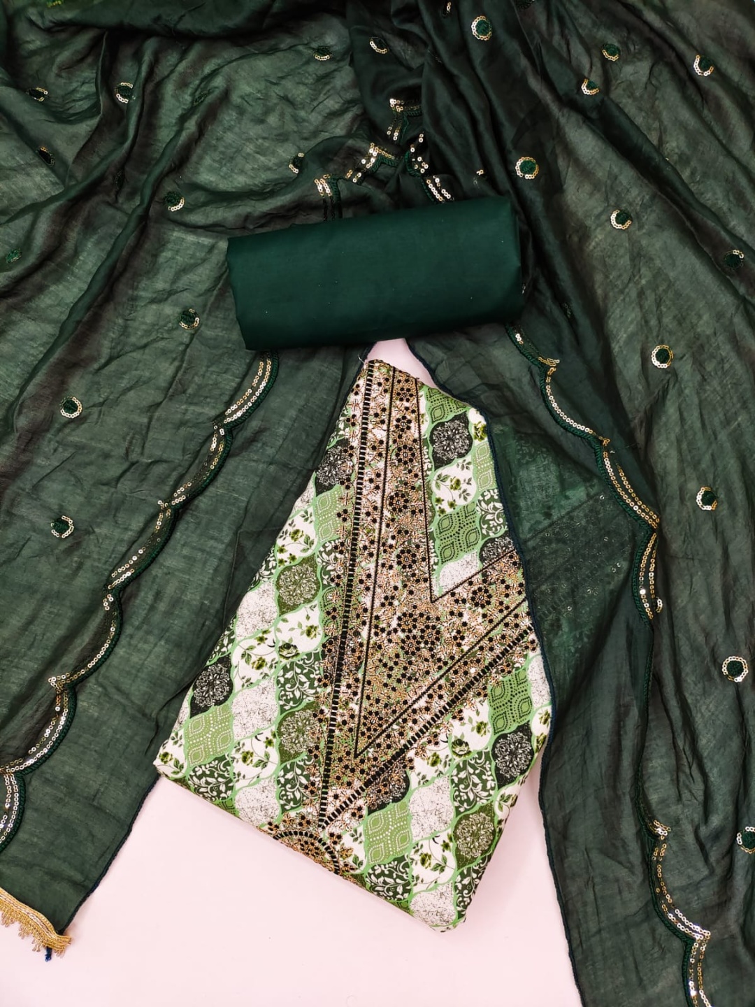 

Rangtulika Ethnics Ethnic Motifs Printed Sequinned Unstitched Dress Material, Green