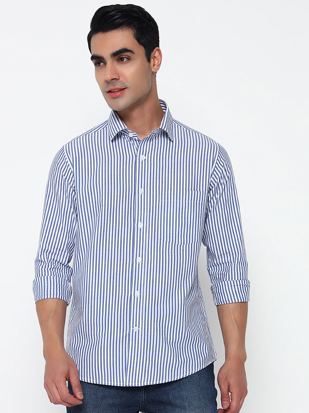 

PRIME PORTER Men Slim Fit Opaque Striped Casual Shirt, Blue