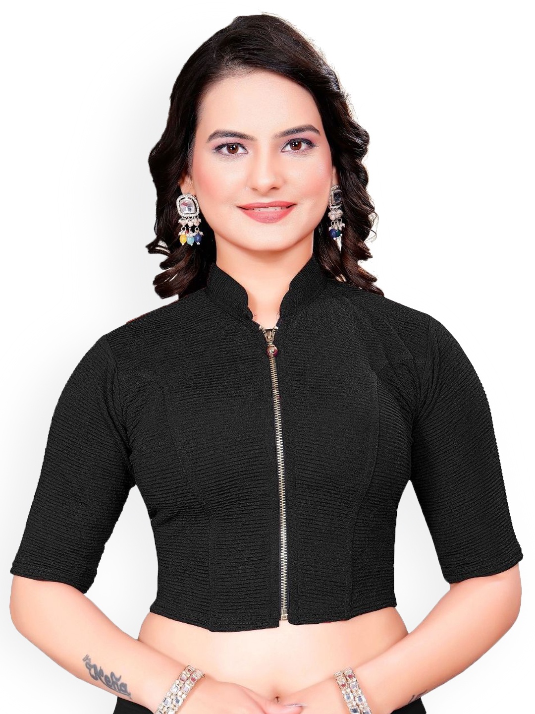 

SS Sanket Synthetics High Neck Front Full Zip Blouse, Black