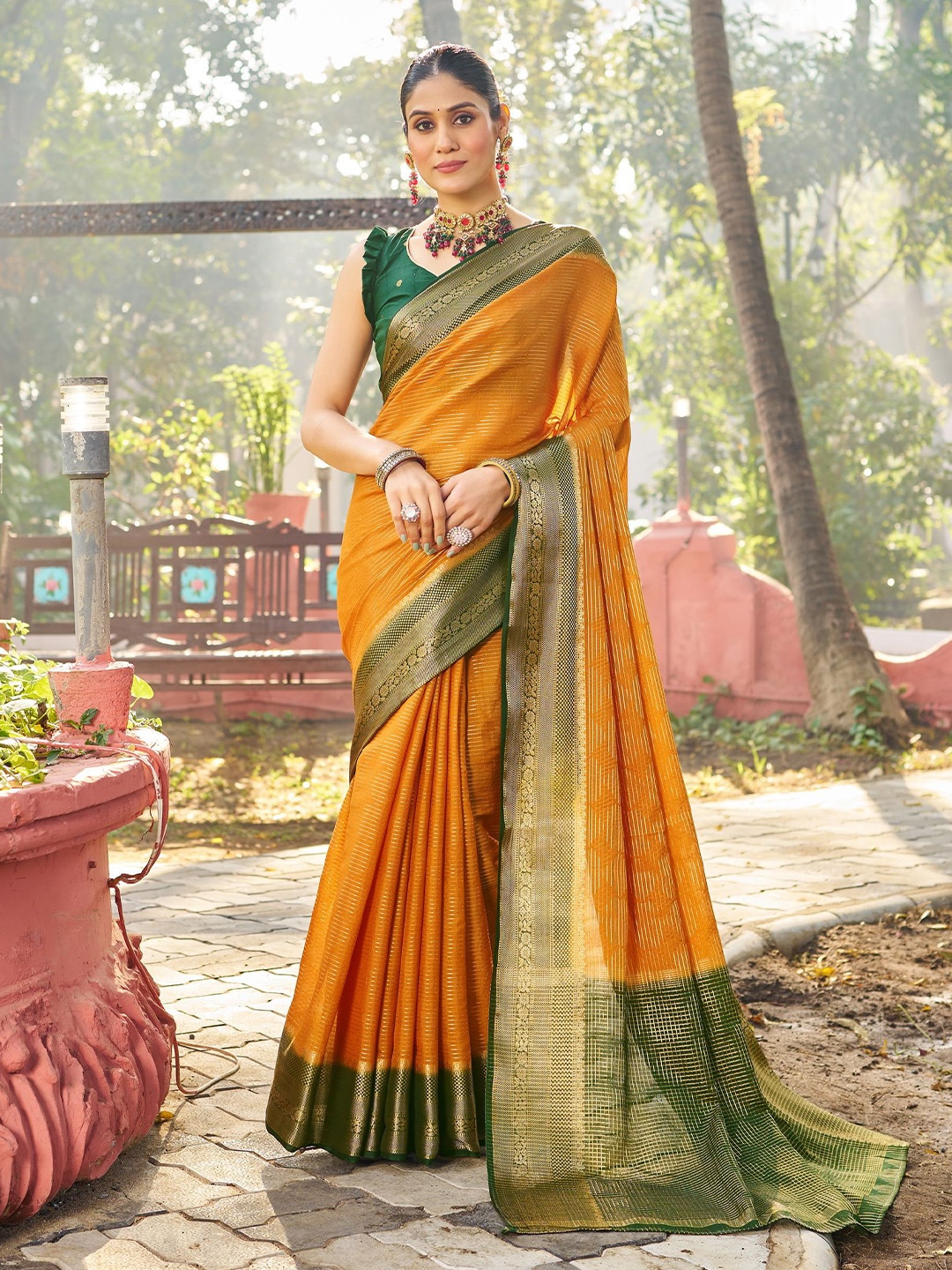 

Sanu Silk Woven Design Zari Poly Georgette Saree, Mustard