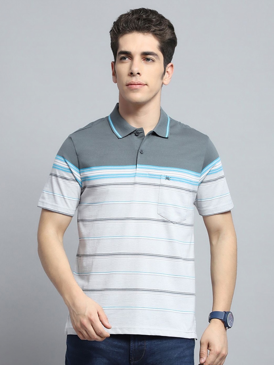 

Monte Carlo Men Striped Polo Collar Pockets T-shirt, Grey
