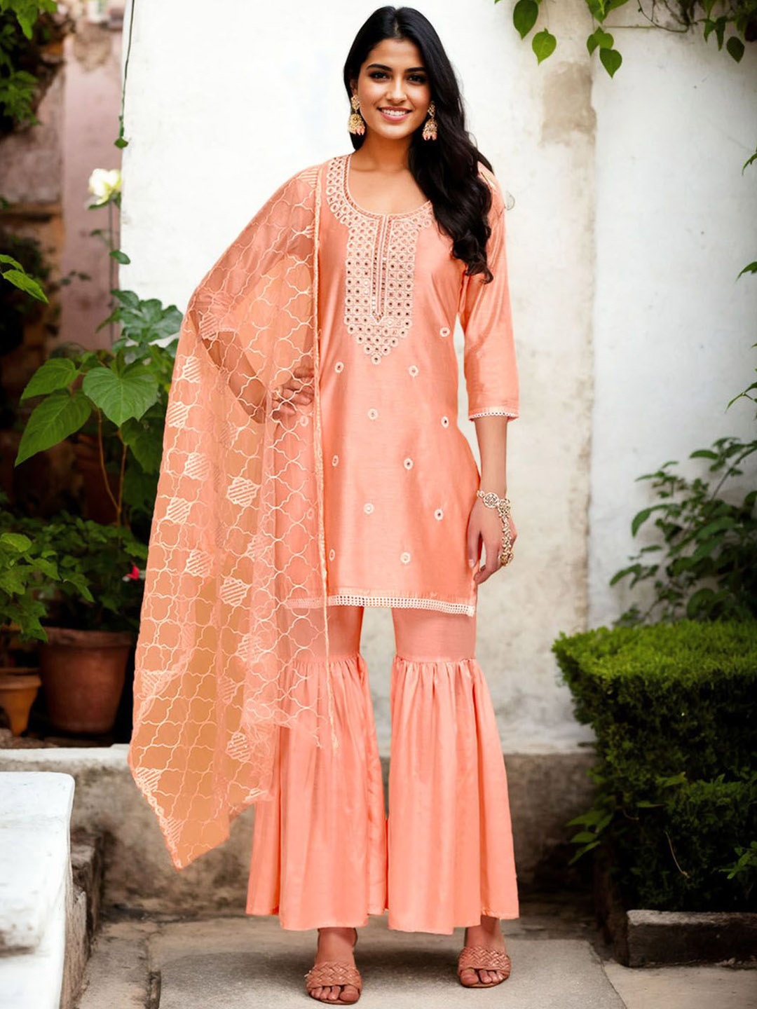 

Anouk Women Embroidered Regular Thread Work Chanderi Cotton Kurta with Sharara & With Dupatta, Coral