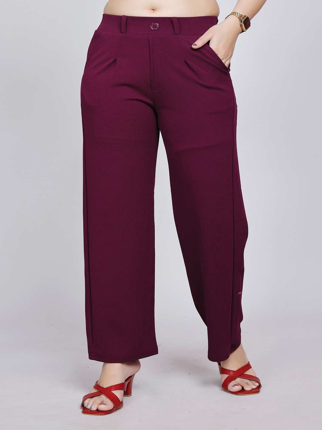 

NU CLOTHS Women Relaxed Straight Leg High-Rise Trousers, Maroon