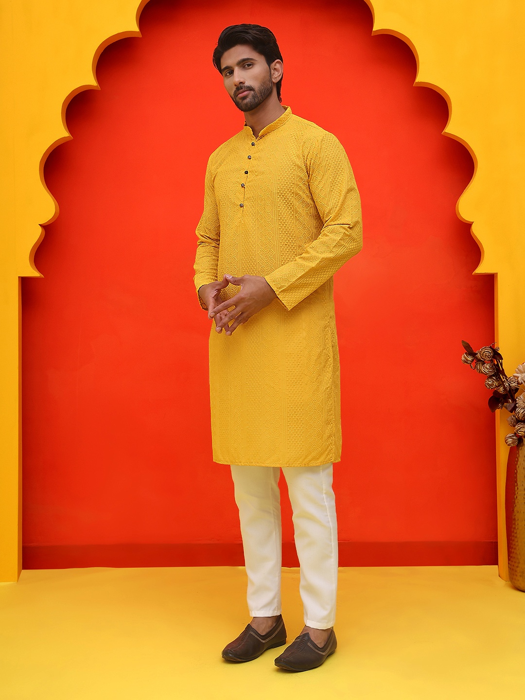 

Jompers Men Embroidered Regular Chikankari Pure Cotton Kurta with Pyjamas, Mustard