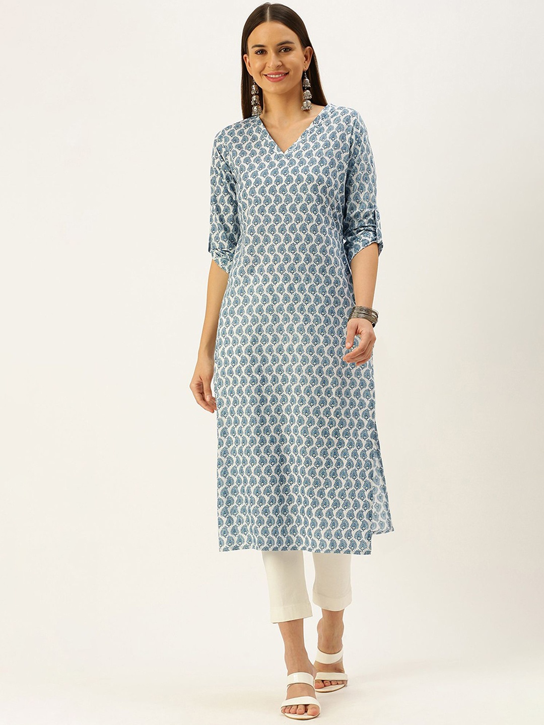 

KALINI Ethnic Motifs Printed Roll-Up Sleeves Pure Cotton Straight Kurta, White