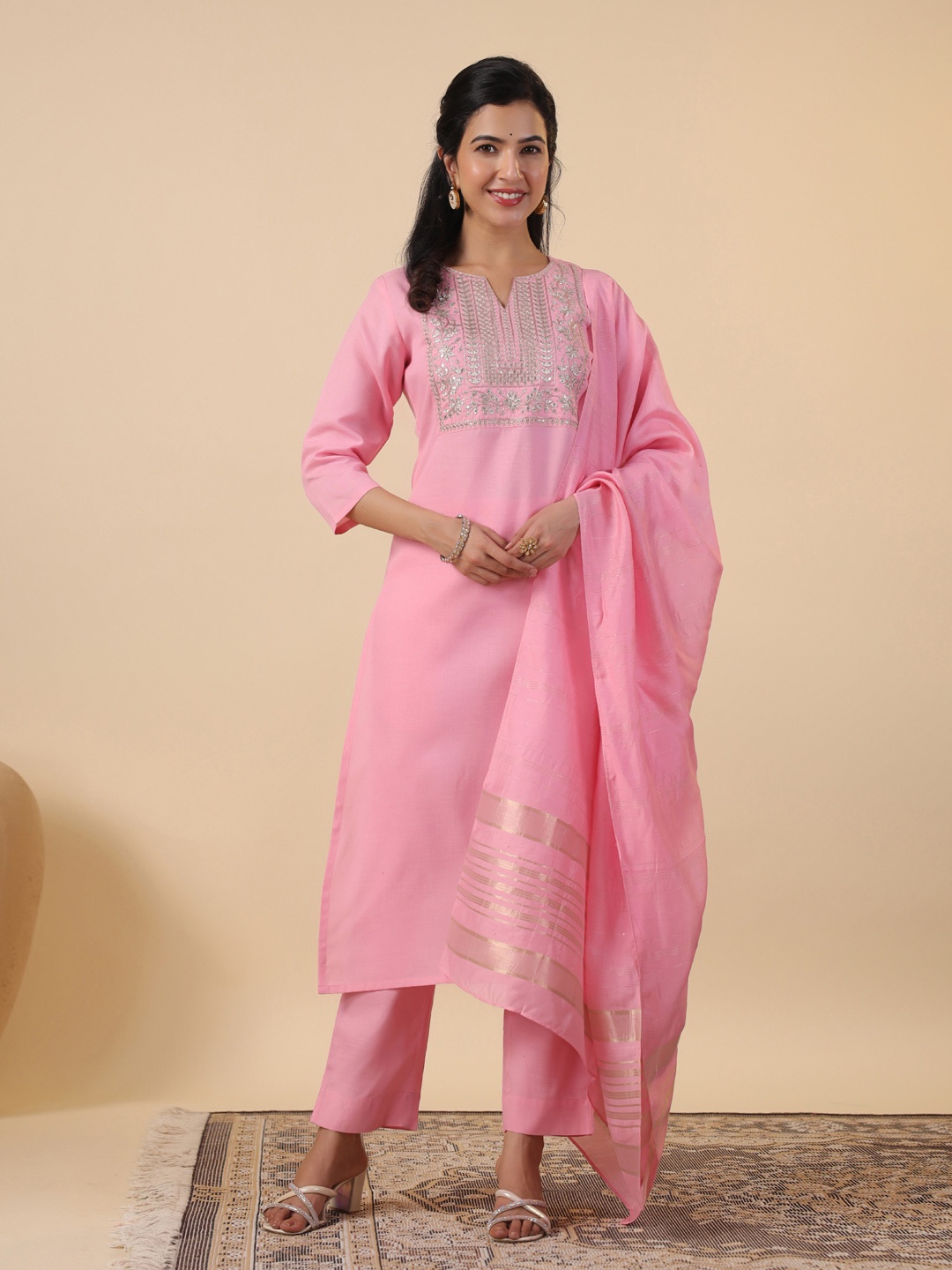 

KALINI Women Embroidered Regular Sequinned Pure Cotton Kurta with Trousers & With Dupatta, Pink