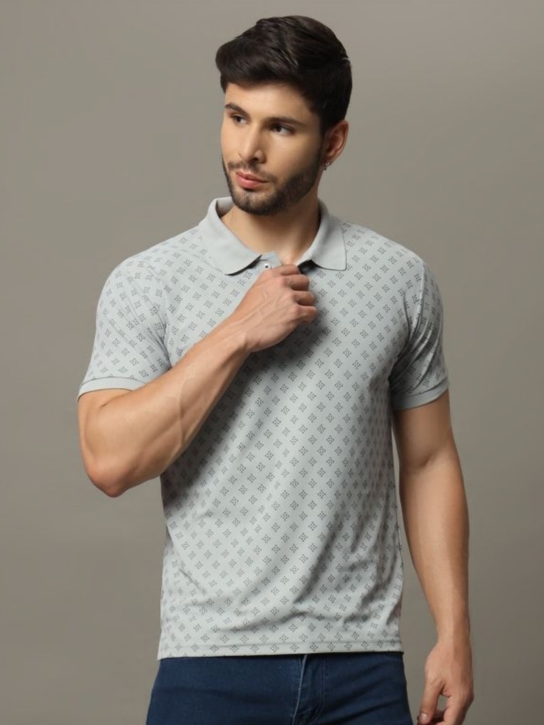 

XYRIS Men Printed Polo Collar T-shirt, Grey