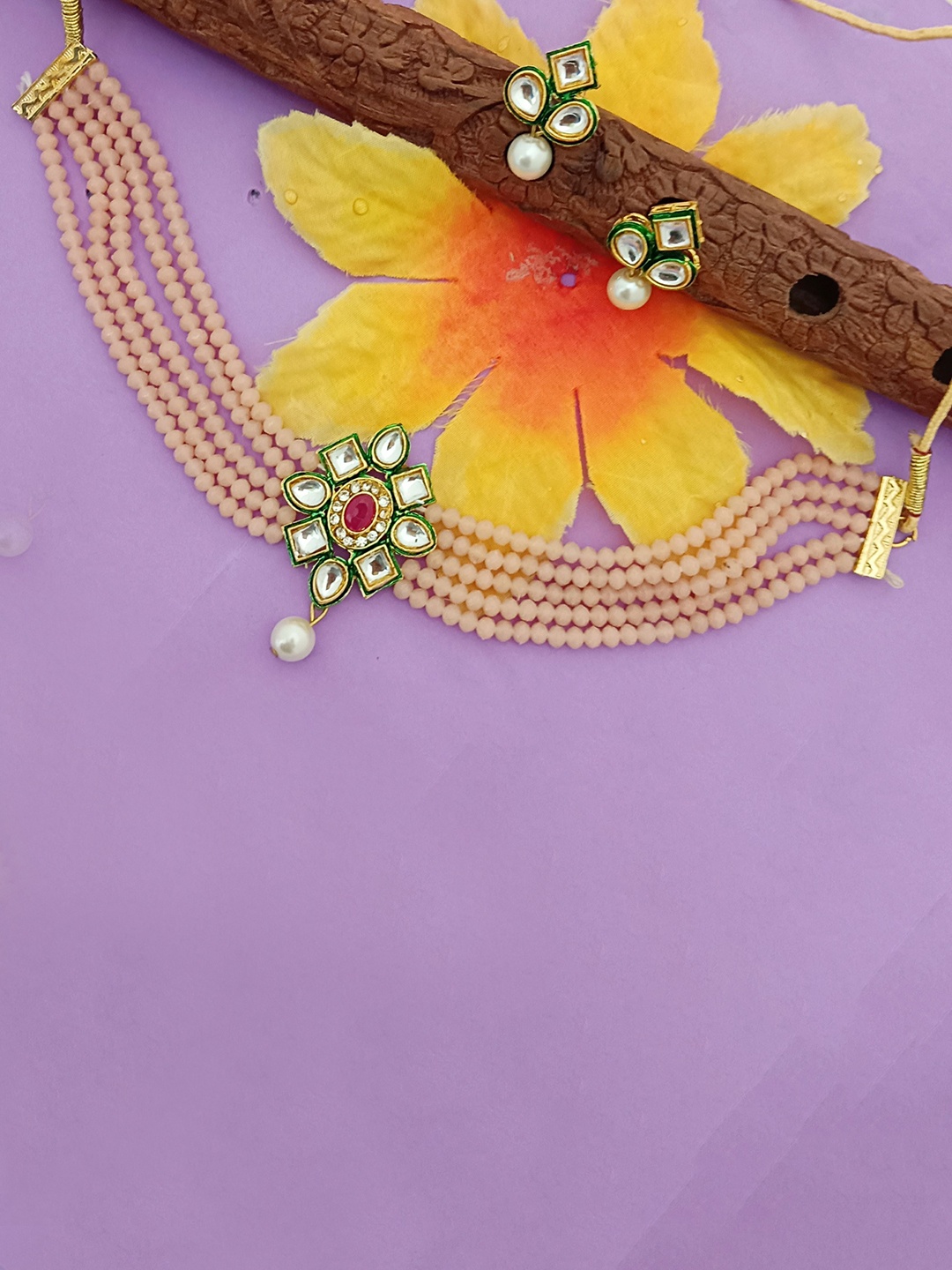 

EVY Gold-Plated Kundan Stone Studded & Beaded Necklace and Earrings