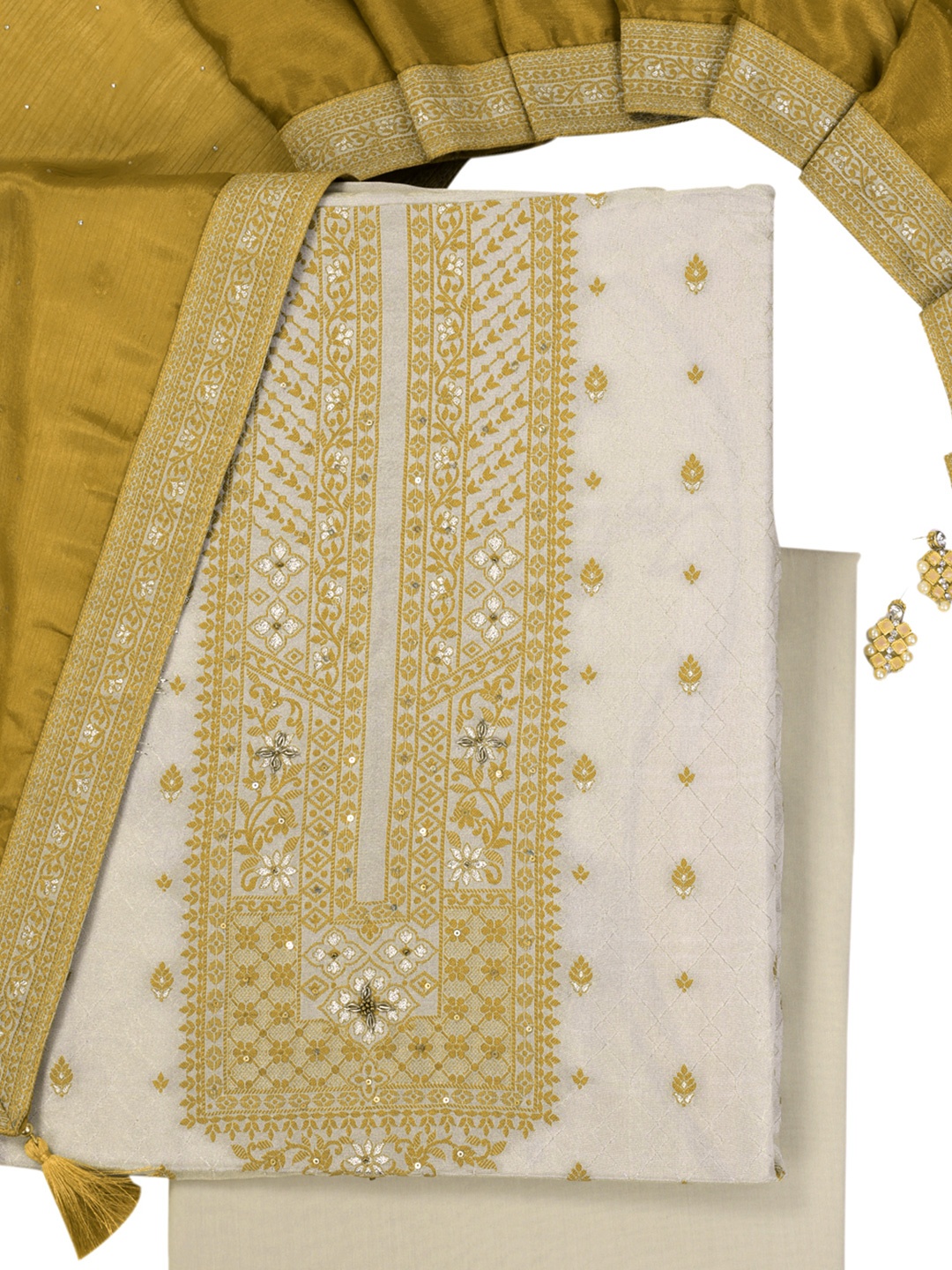 

KULEESH Floral Woven Design Sequinned Unstitched Dress Material, Beige