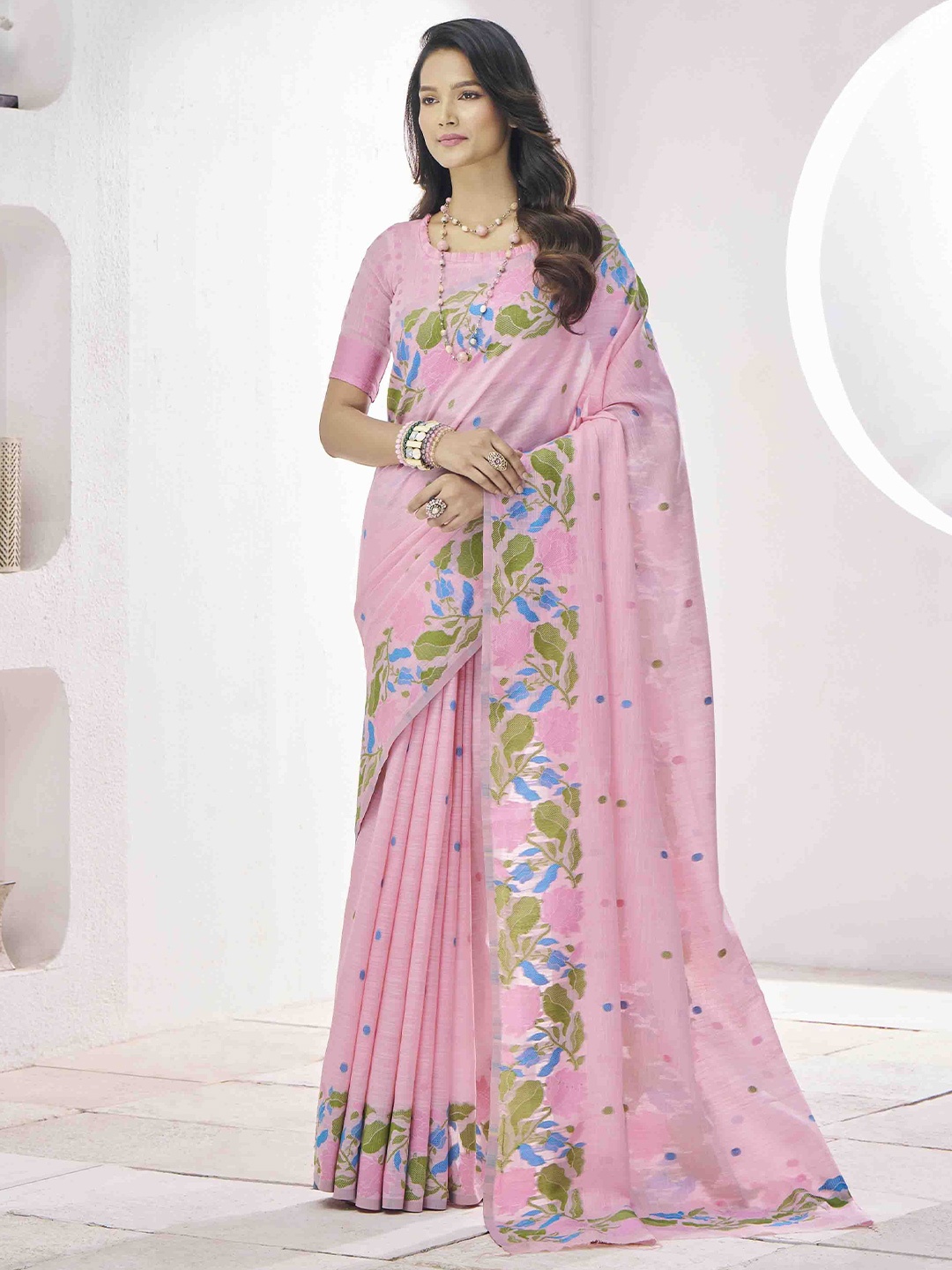 

KIMISHA Floral Linen Blend Saree, Pink