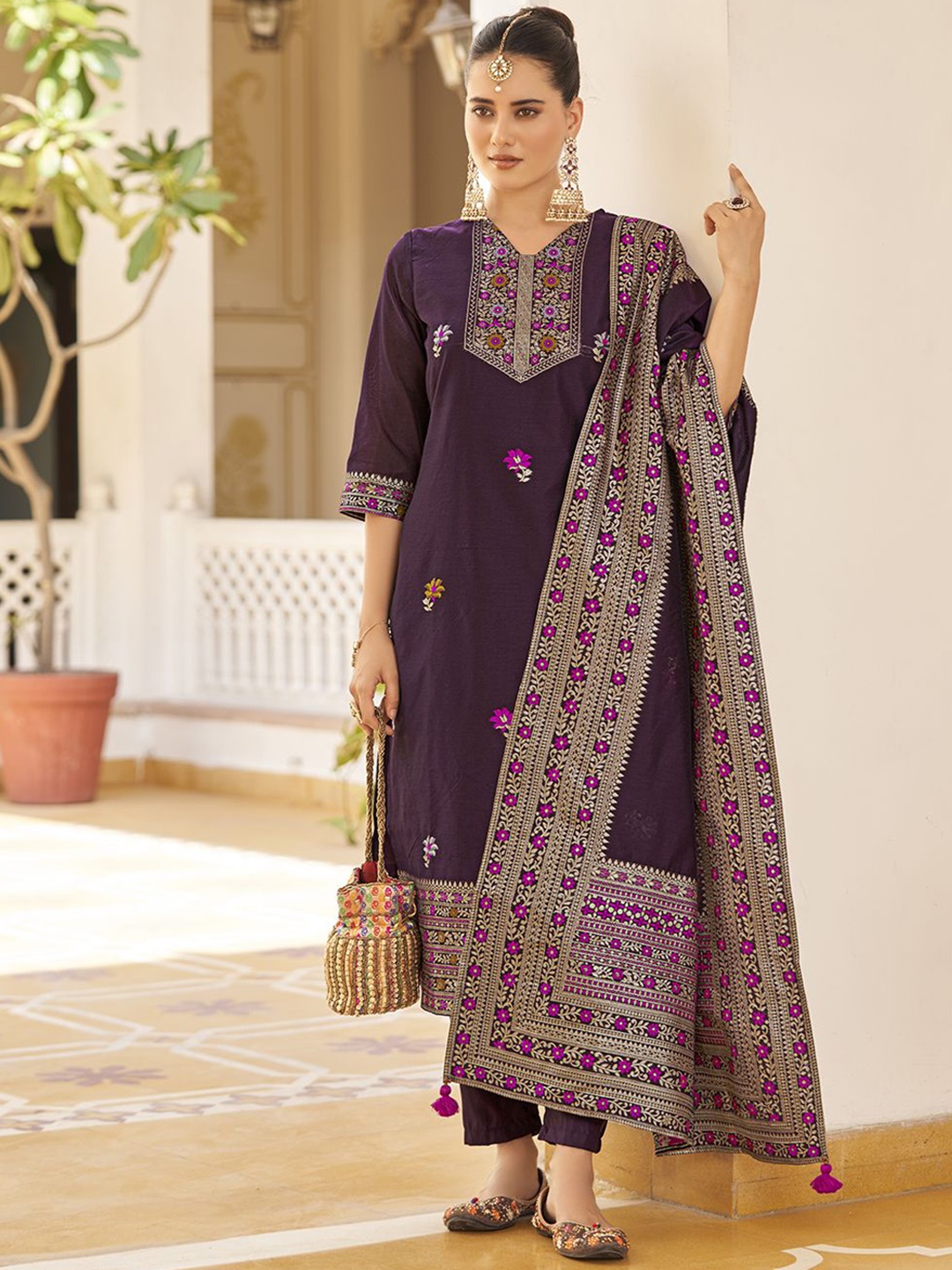 

KALINI Women Regular Kurta with Trousers & With Dupatta, Purple