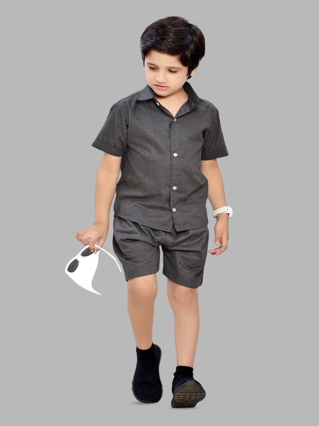 

BAESD Unisex Kids Shirt Collar Pure Cotton Shirt With Shorts, Grey