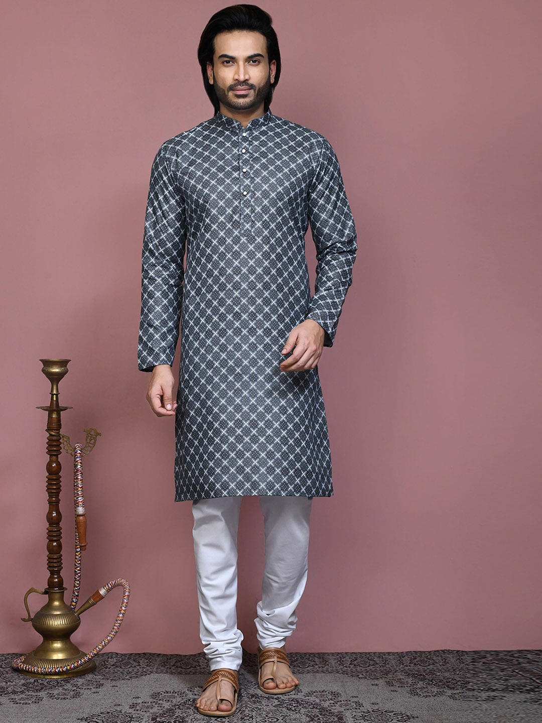 

RANAK Men Printed Regular Pure Cotton Kurta with Pyjamas, Grey
