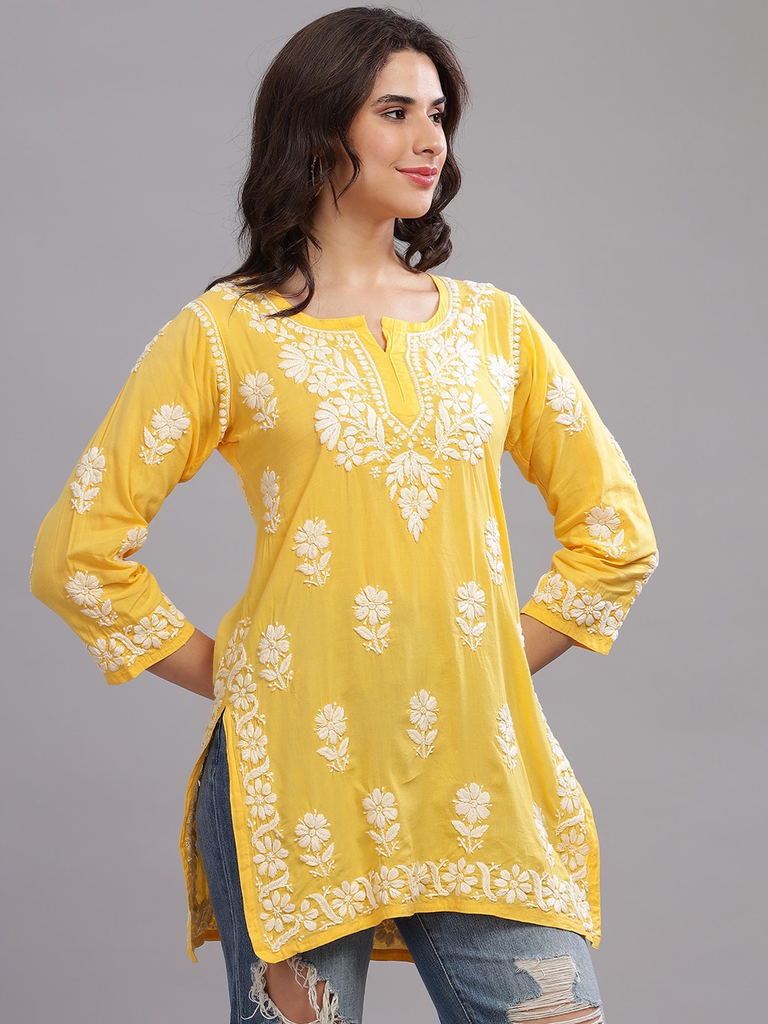

Club Loom Floral Chikankari Embroidered Pure Cotton Straight Kurti, Yellow