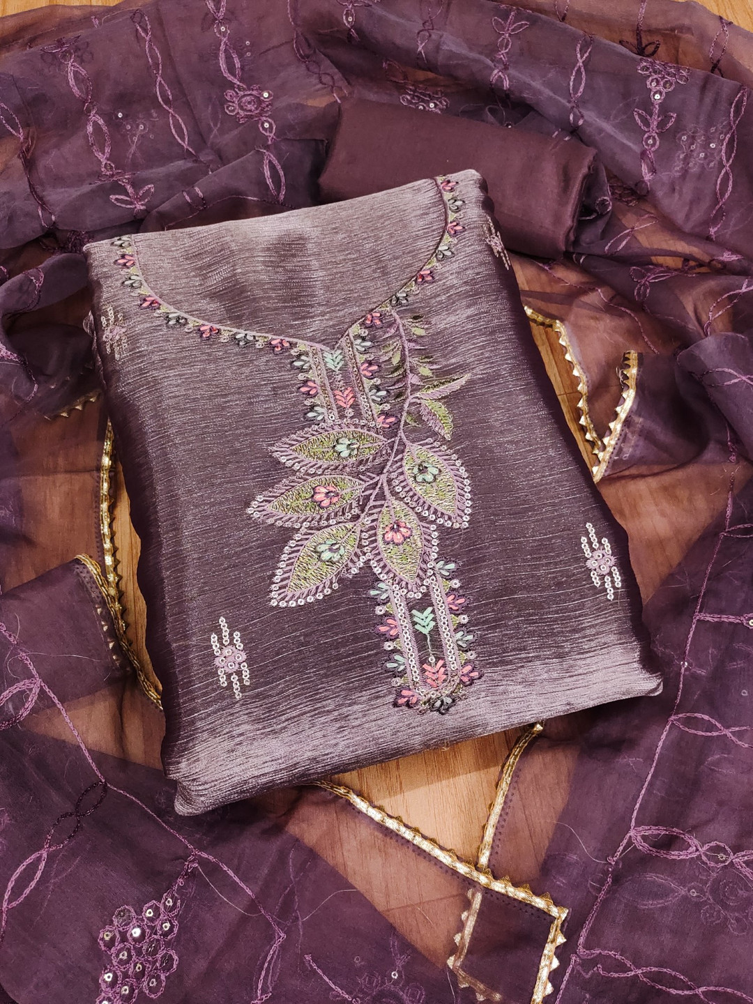 

KALINI Floral Embroidered Sequinned Unstitched Dress Material, Purple