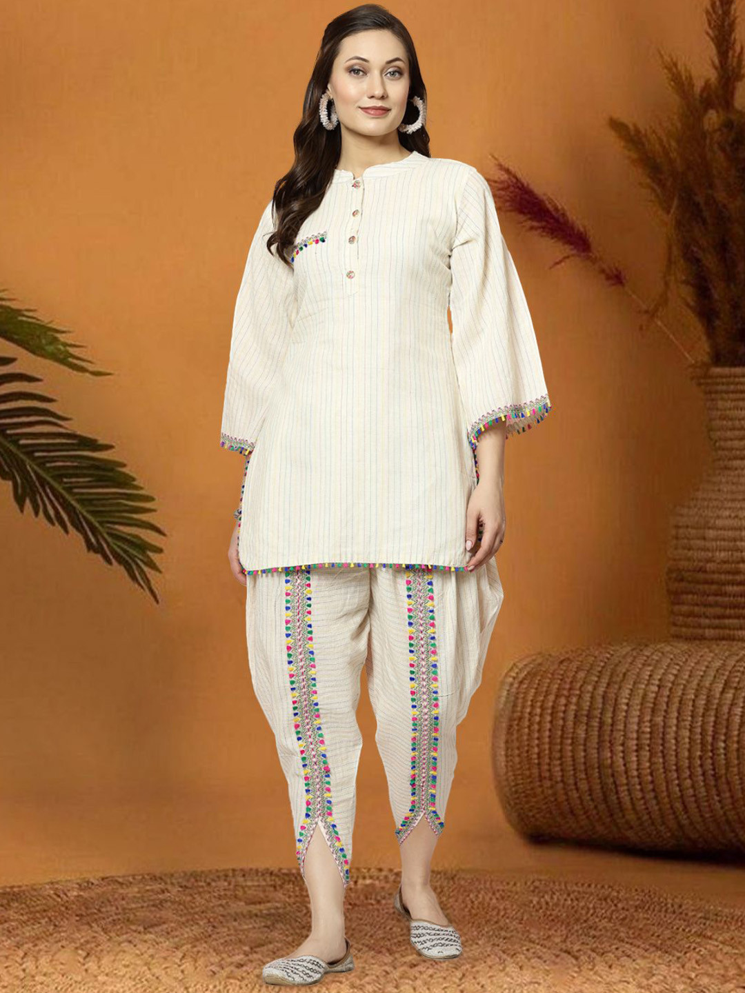 

Moda Rapido Embroidered Kantha Work Mandarin Collar Tunic With Dhoti Pants, Cream