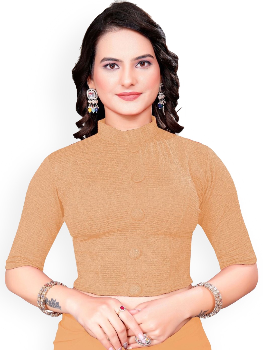 

SS Sanket Synthetics Self Design Cotton Shorts Sleeves Saree Blouse, Beige