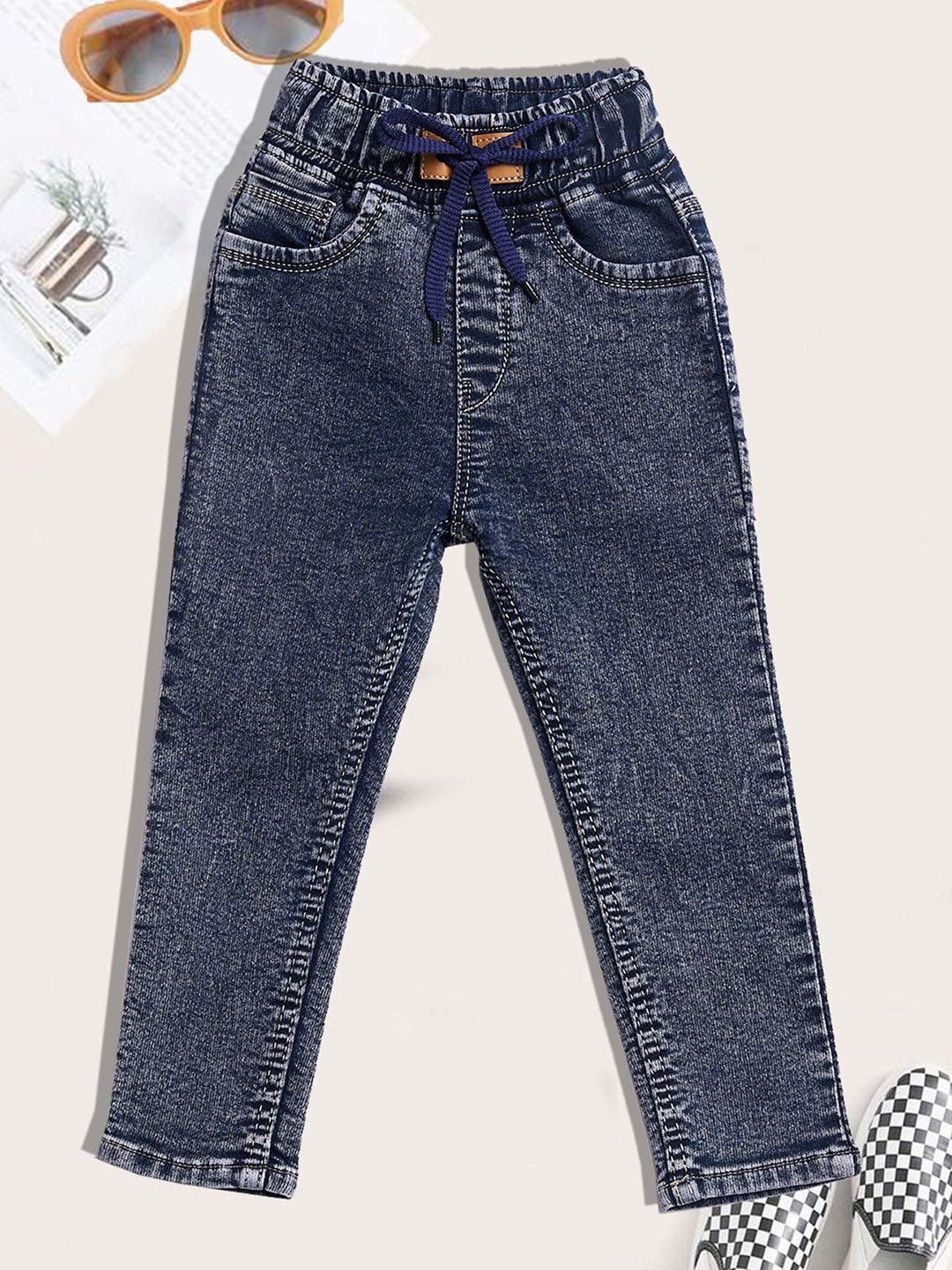 

YK Boys Jogger High-Rise Light Fade Embroidered Jeans, Charcoal
