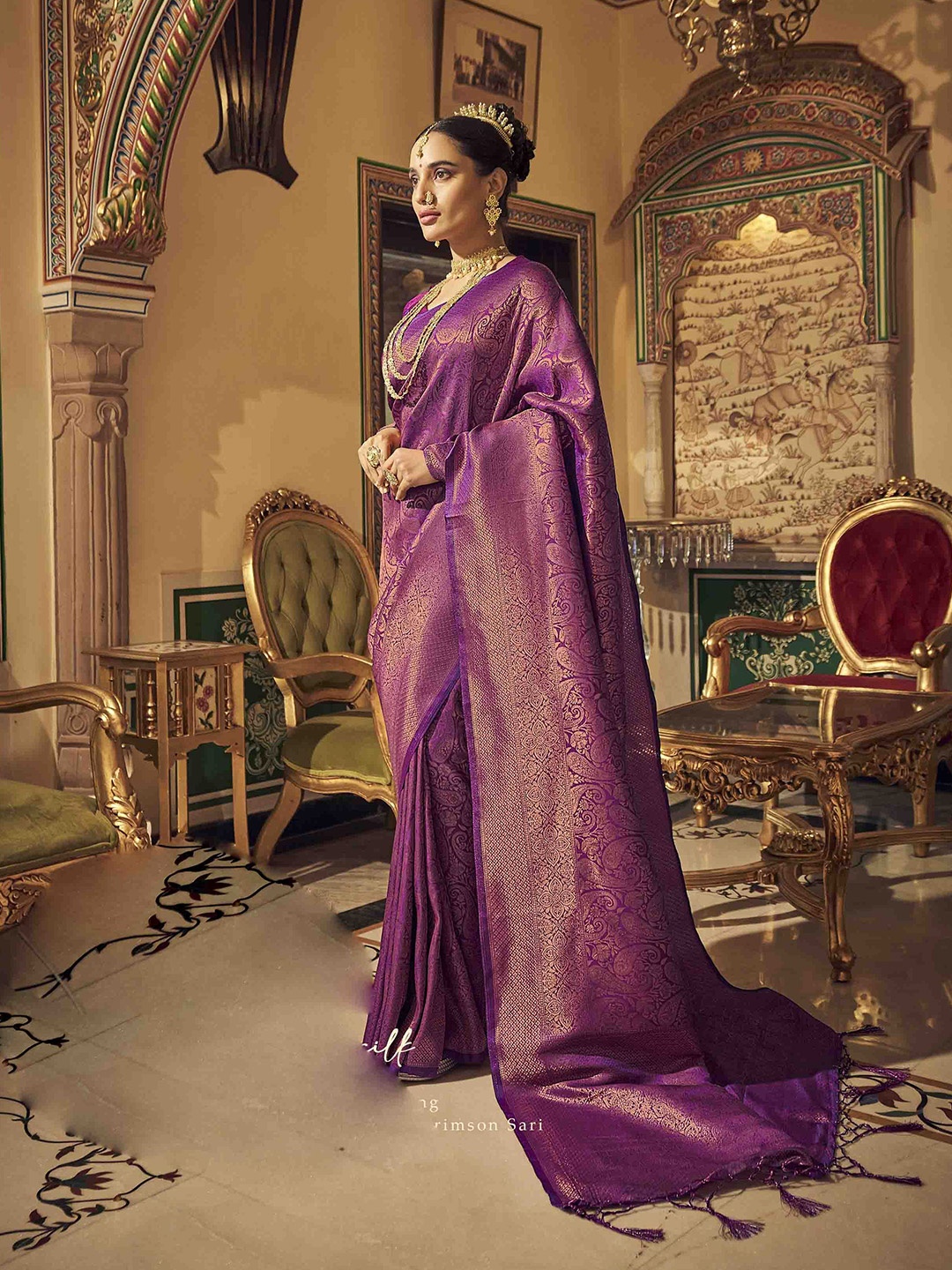 

DIVASTRI Woven Design Zari Silk Blend Kanjeevaram Saree, Purple