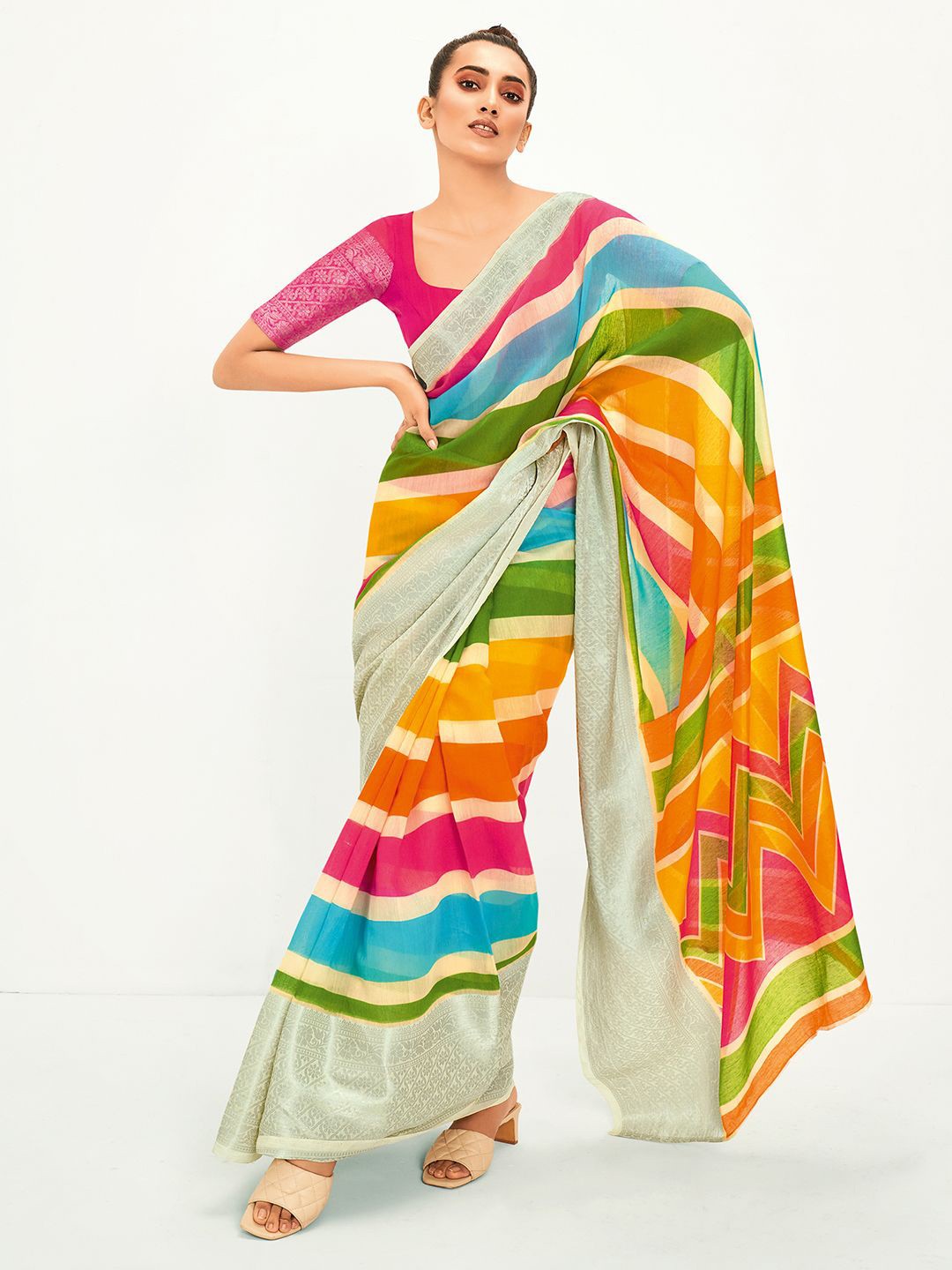 

Mitera Striped Chanderi Saree, Green