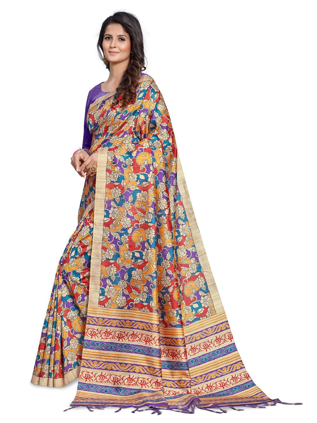 

Mitera Kalamkari Silk Blend Block Print Saree, Blue