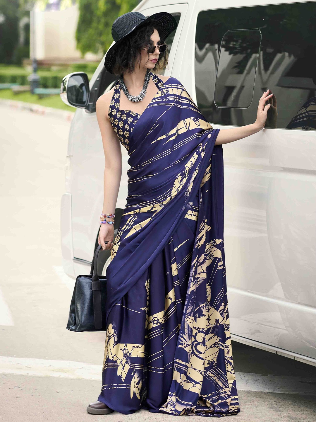 

Blissta Satin Saree, Navy blue