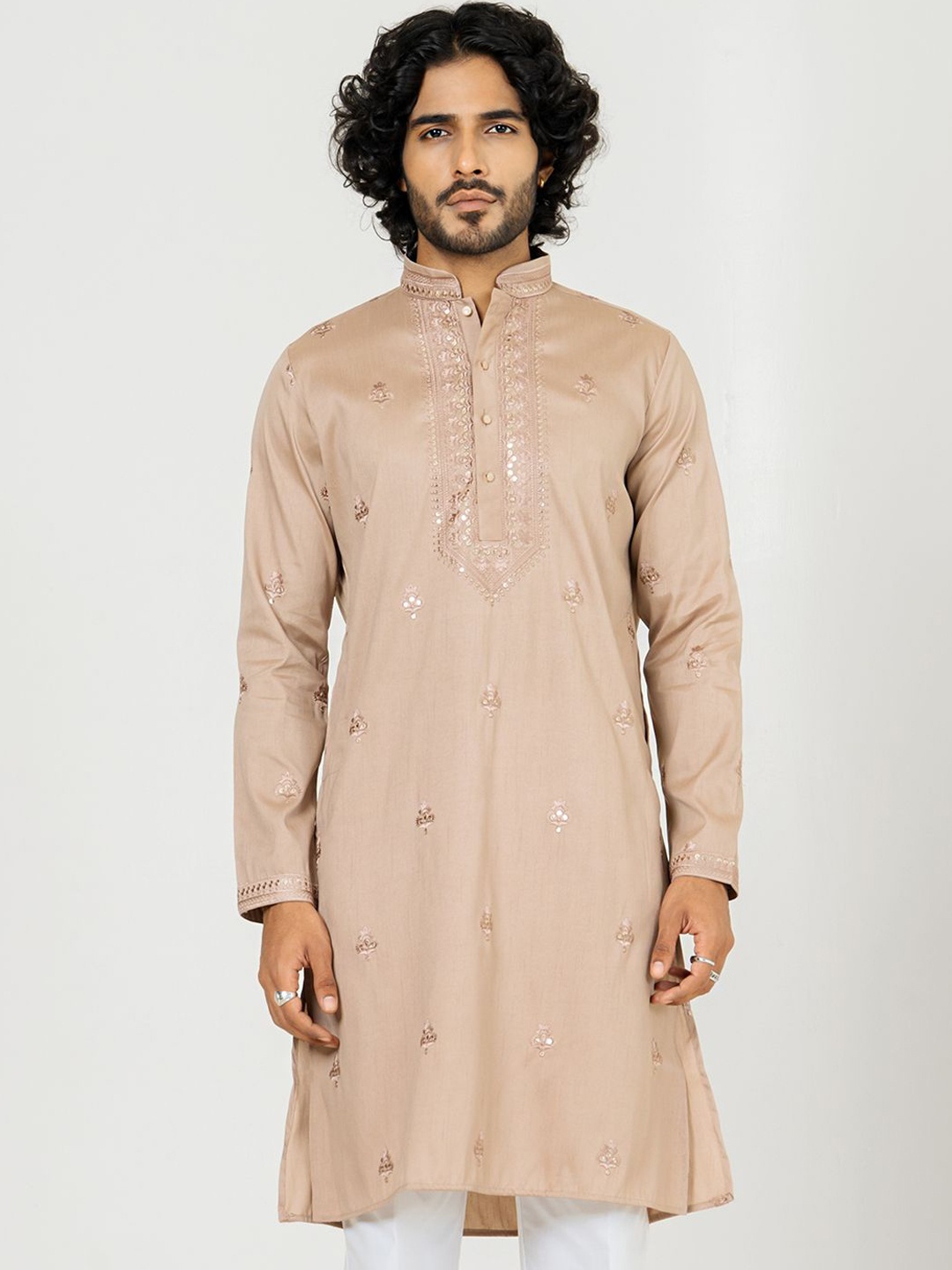 

Tistabene Embroidered Mandarin Collar Thread Work Handloom Straight Kurta, Brown