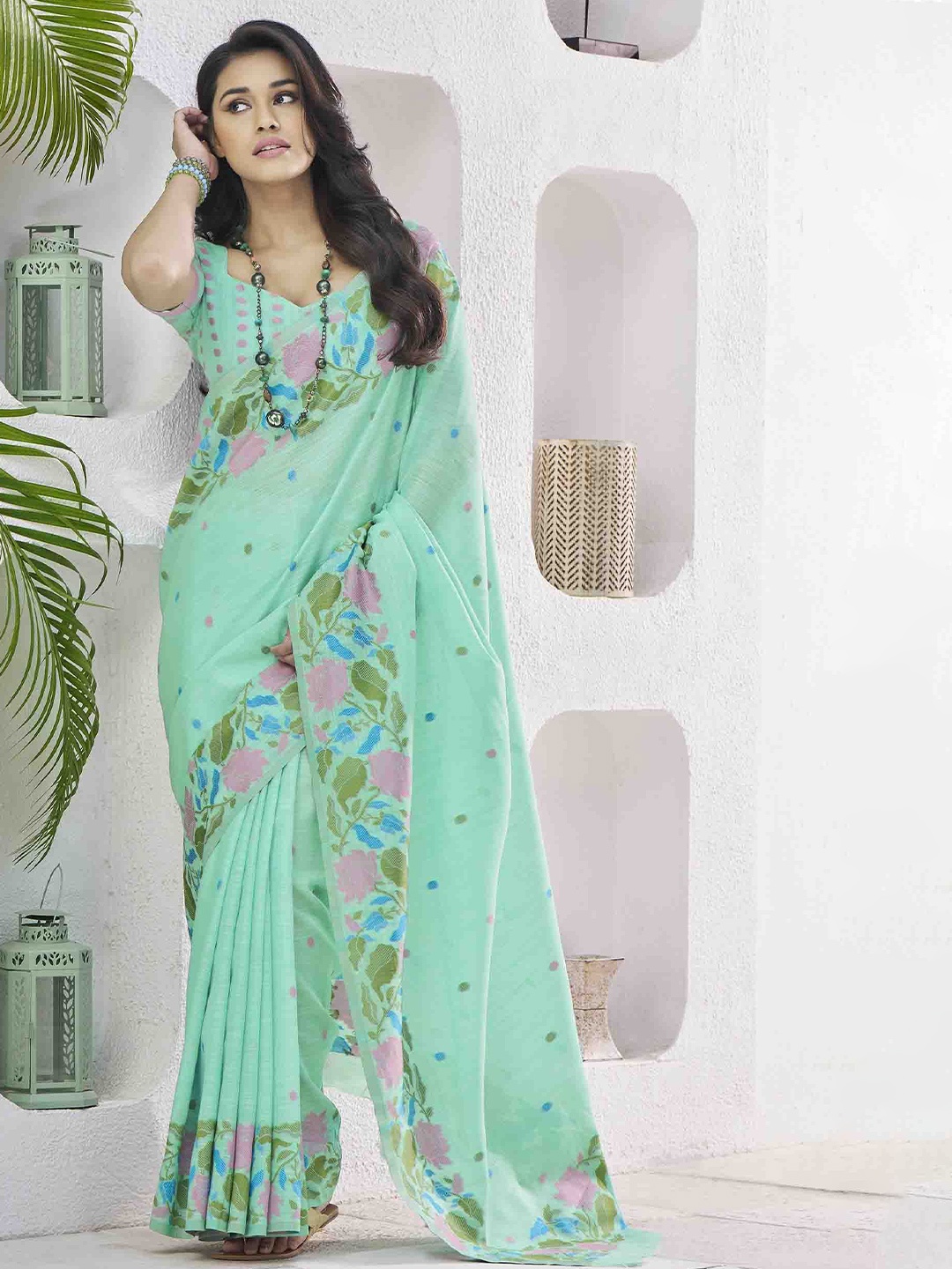 

KIMISHA Floral Linen Blend Saree, Sea green
