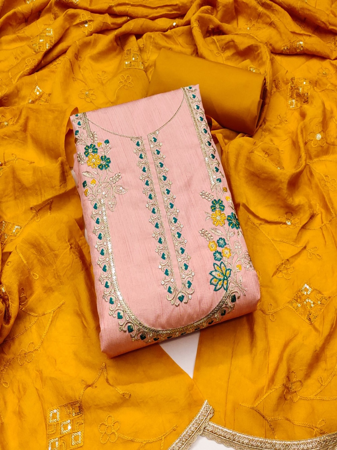 

KALINI Floral Embroidered Cotton Unstitched Dress Material, Peach