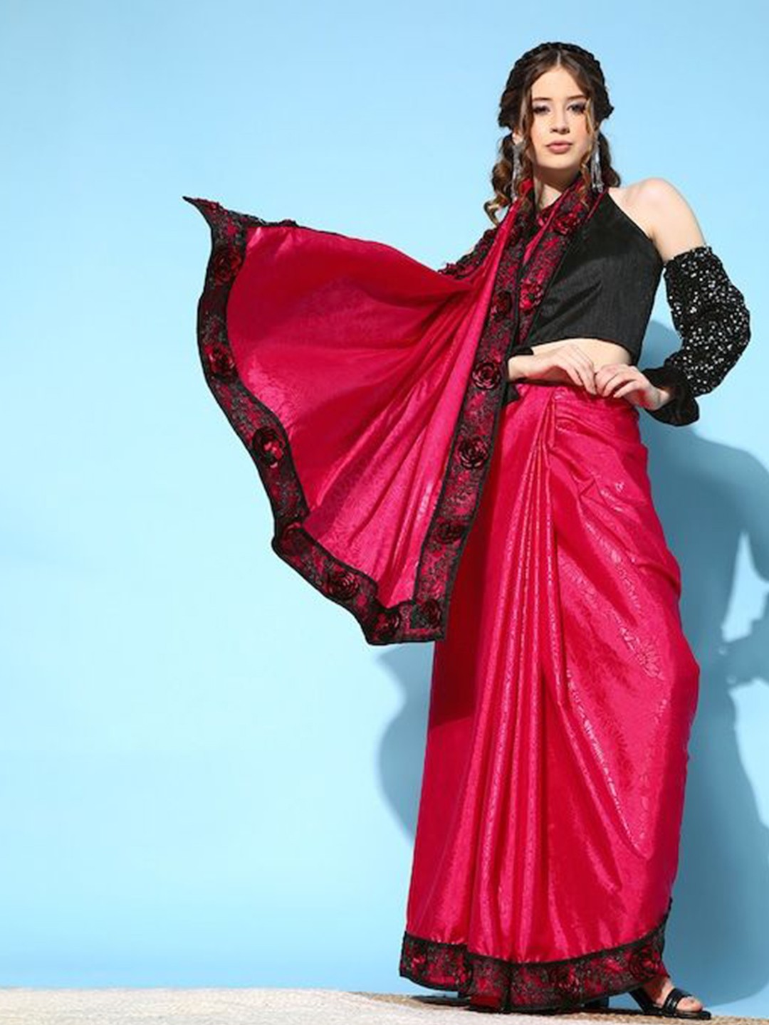 

KAVINDI Floral Pure Silk Saree, Pink