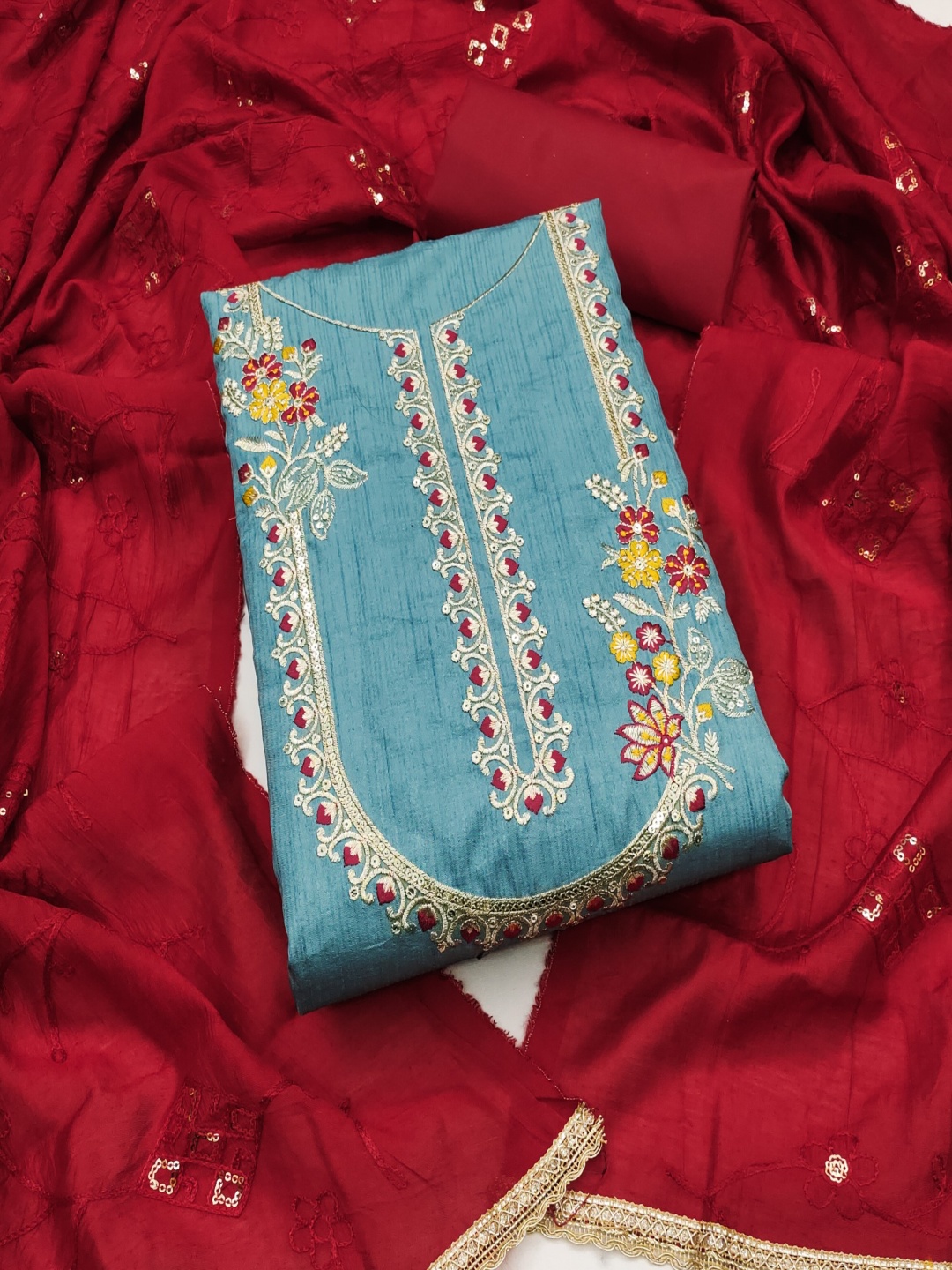

KALINI Floral Embroidered Sequinned Work Unstitched Dress Material, Blue