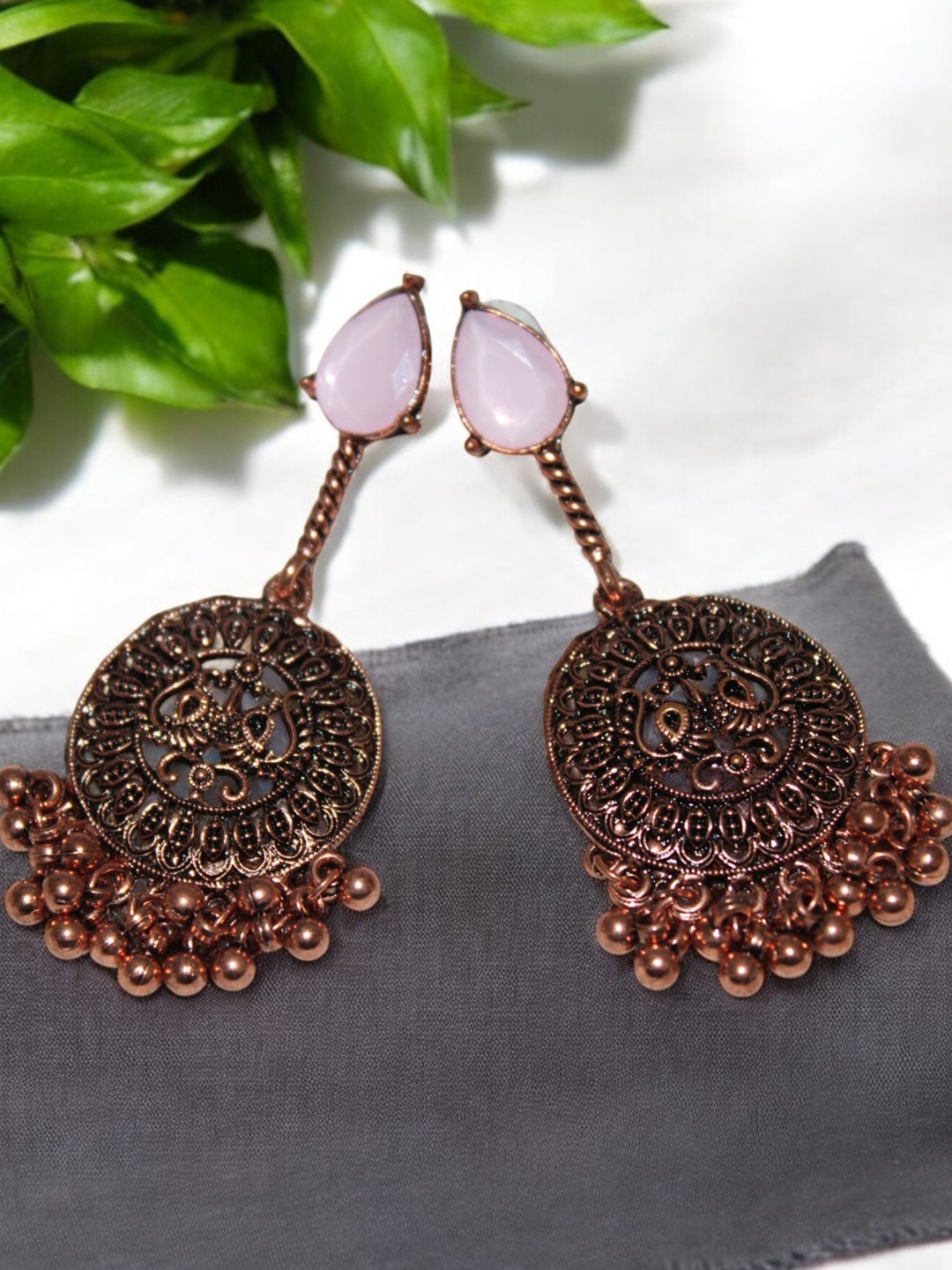 

Jolly Faces Stone Studded Beaded Copper Contemporary Shaped Drop Earrings