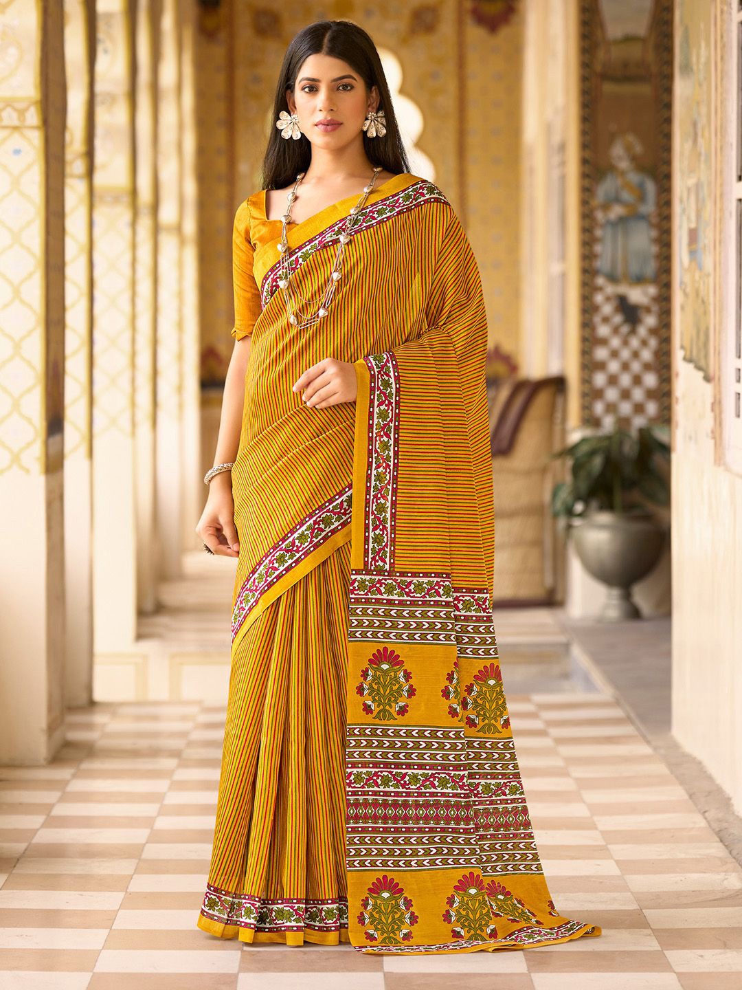 

Mitera Striped Silk Blend Block Print Saree, Mustard