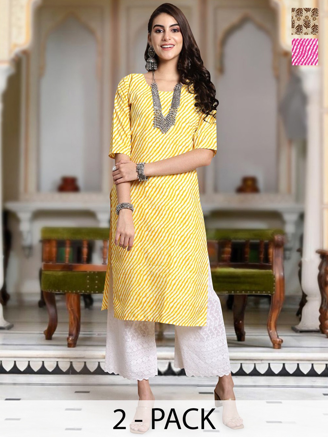

Moda Rapido Selection Of 2 Leheriya Printed Round Neck Straight Kurta, Yellow
