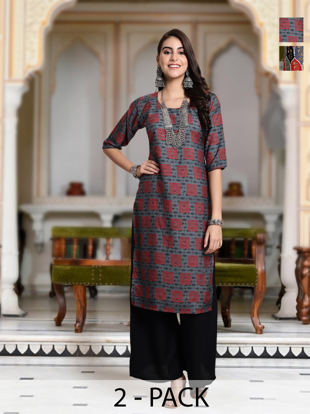 

Moda Rapido Selection Of 2 Geometric Printed Round Neck Straight Kurta, Grey