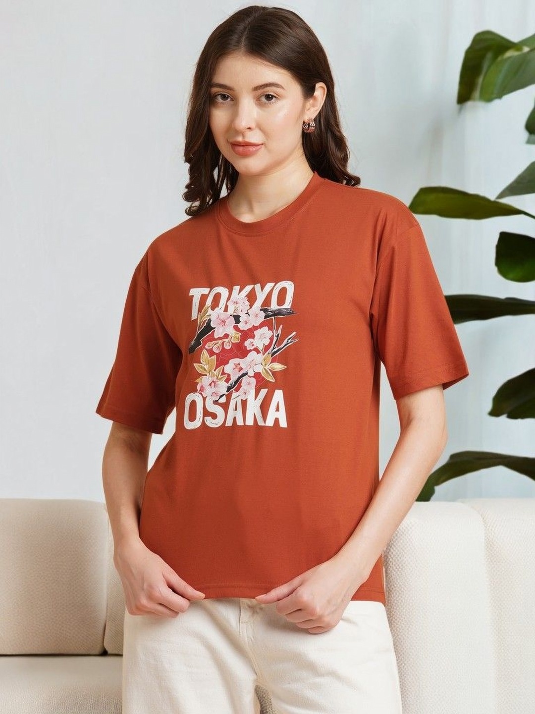 

DressBerry Women Typography Printed Applique T-shirt, Rust