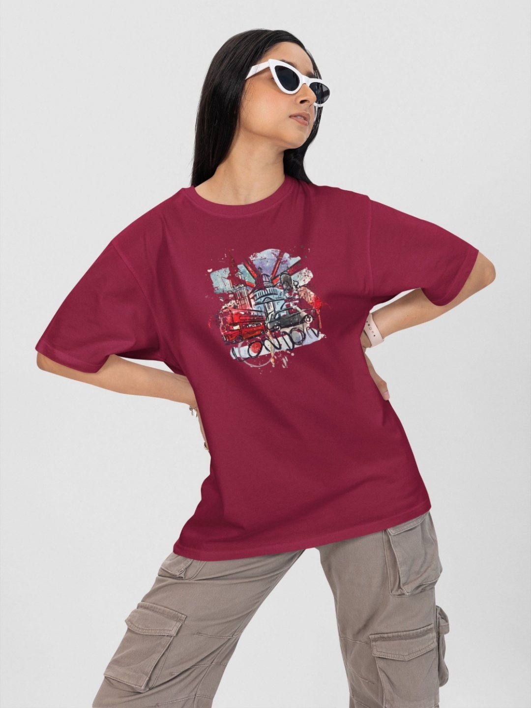 

Moda Rapido Women Printed Drop-Shoulder Sleeves Pockets T-shirt, Maroon