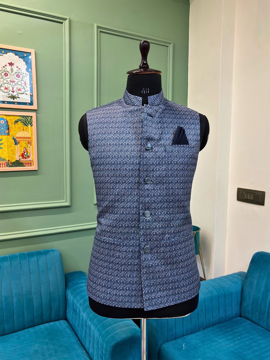 

JAIPURI CROWN Festive Wear Printed Nehru Jacket for Men, Blue