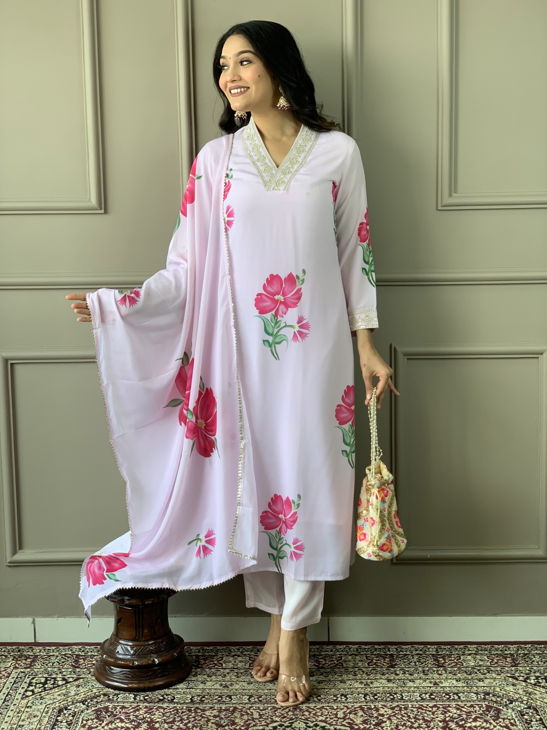 

Fashion Ritmo Women Floral Embroidered Regular Chanderi Silk Kurta with Trousers & With Dupatta, Lavender