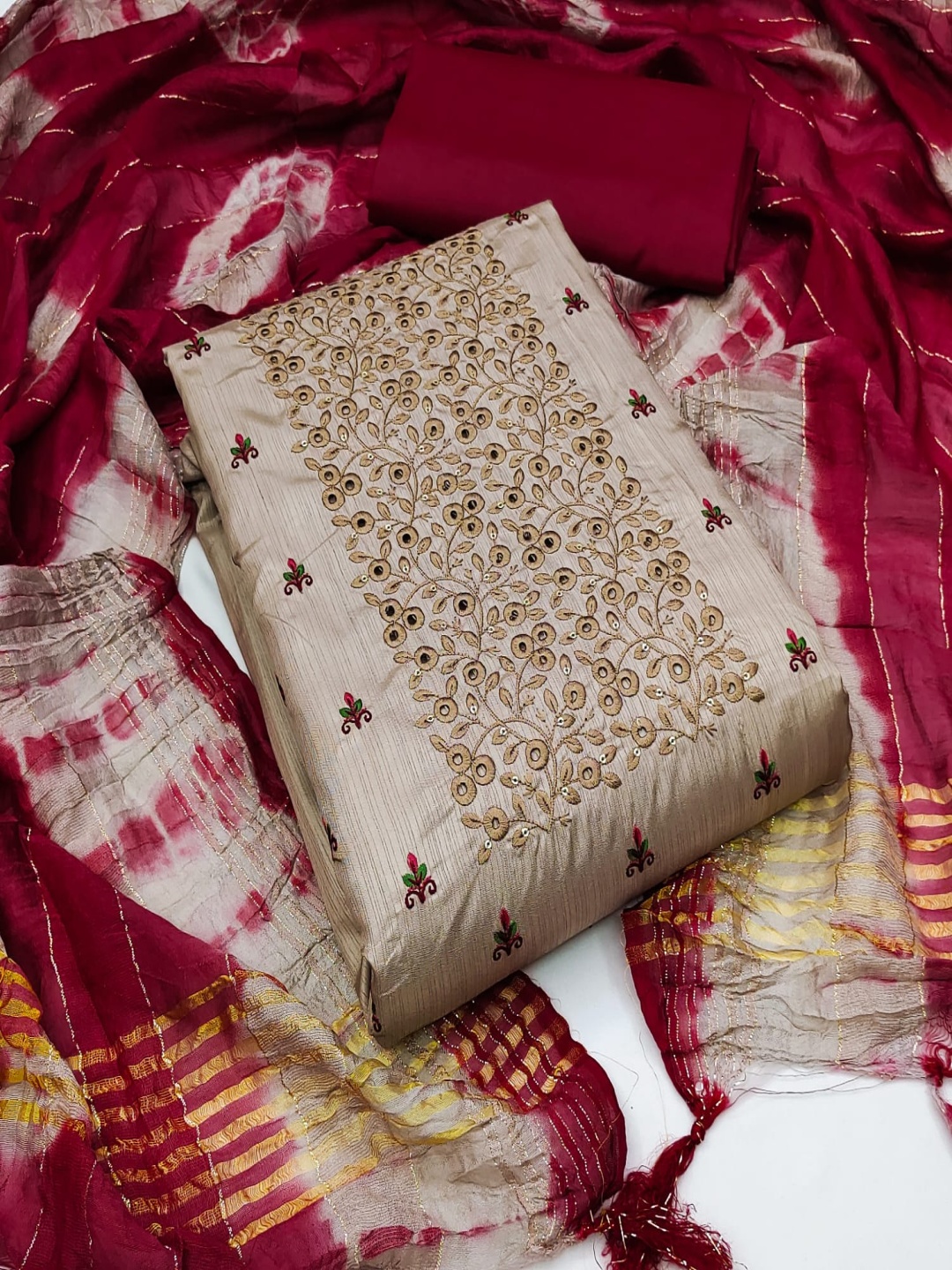 

Rangtulika Ethnics Floral Embroidered Thread Work Zora Silk Unstitched Dress Material, Cream