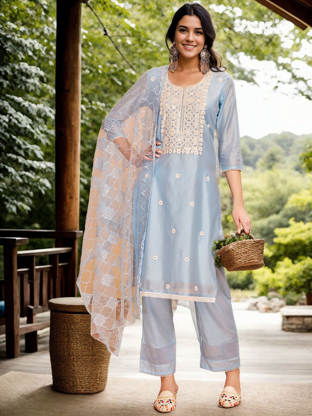

Anouk Women Embroidered Regular Thread Work Chanderi Cotton Kurta with Pyjamas & With Dupatta, Blue