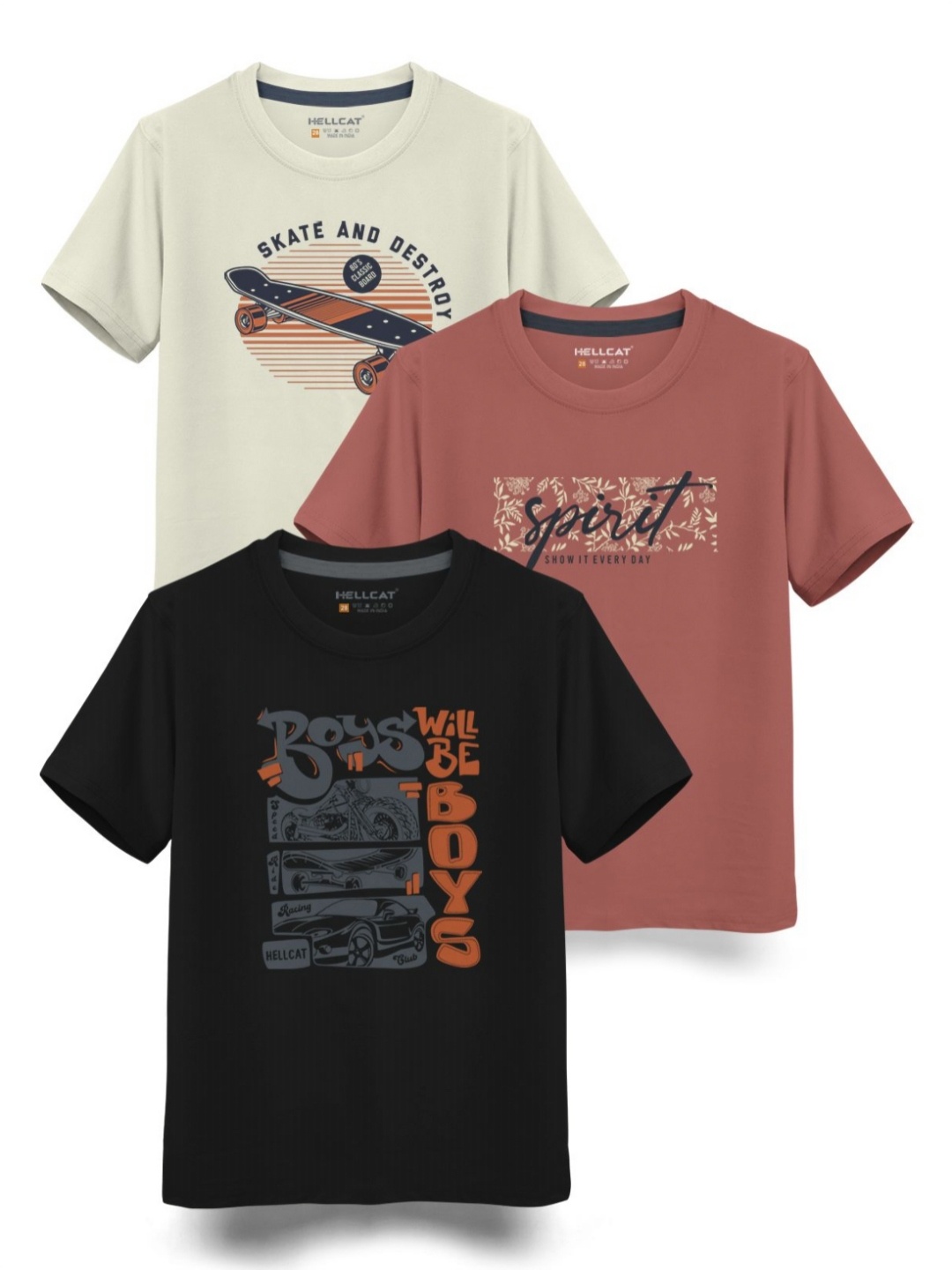 

HELLCAT Boys Typography 3 Printed T-shirt, Beige