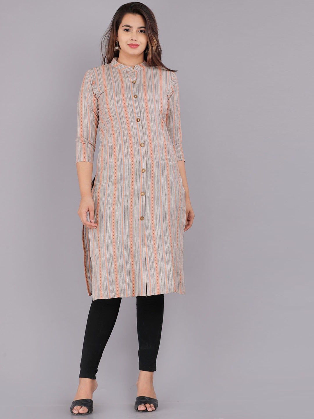 

ASANSHI Striped Mandarin Collar Pure Cotton Straight Kurta, Beige